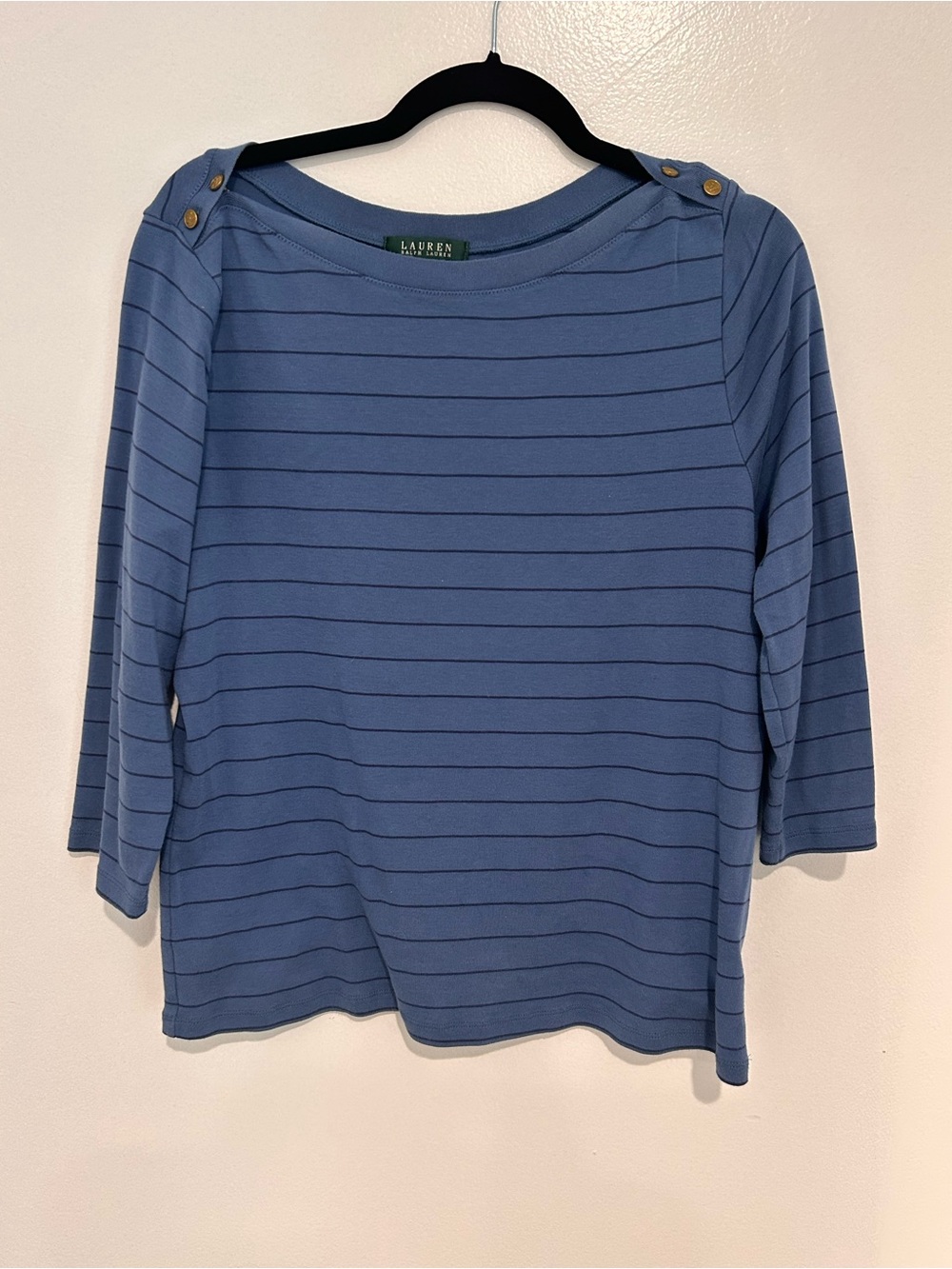 Lauren Ralph Lauren Blue Striped Boatneck Top with Shoulder Buttons